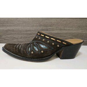 Y2K Vintage Women Open Back Heeled Shoes Size 6 Brown Suede Leather Western Mule